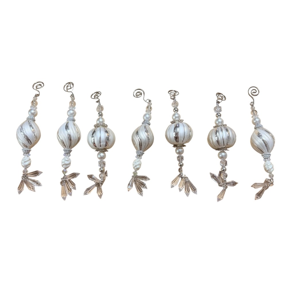 Vintage Glass Christmas Ornaments Set 7 White Silver Pearl Icicle Victorian OS